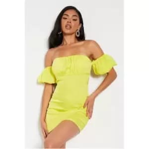 I Saw It First Yellow Satin Ruched Bust Bardot Puff Sleeve Tie Back Bodycon Dress - Yellow
