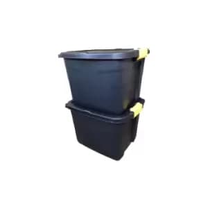 2 x 42L Heavy Duty Storage Tubs Sturdy, Lockable, Stackable and Nestable Design Storage Chests with Clips in Black