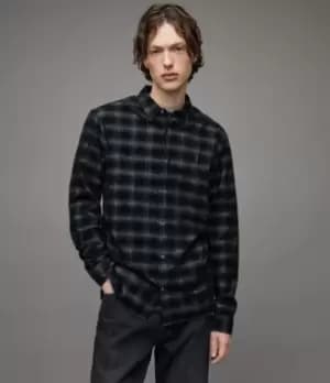 AllSaints Mens Eastburn Corduroy Checked Shirt, Black, Size: S