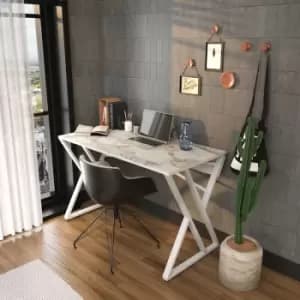 Gyza Modern Metal Frame Computer Desk ,Writing Desk With Metal Legs- White Marble Pattern And White - Decorotika