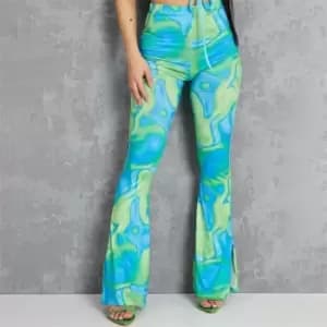 I Saw It First Marble Print Split Hem Flared Trousers - Blue