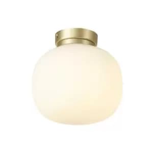 Luminosa Cheektowaga Small Oval Ball Flush Fitting E27 Satin Gold Base With Frosted White Glass Globe