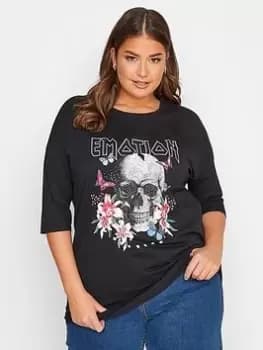 Yours Placement Printed T Shirt - Black, Size 16, Women