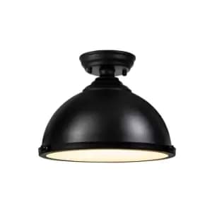 Dresden Flush Ceiling Lamp E27 With Round 31cm Metal Shade Matt Black, Frosted White