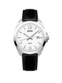 Seiko Seiko Silver Date Dial Black Leather Strap Mens Watch