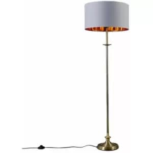 MiniSun Antique Brass Floor Lamp with Fabric Lampshade - Grey & Gold