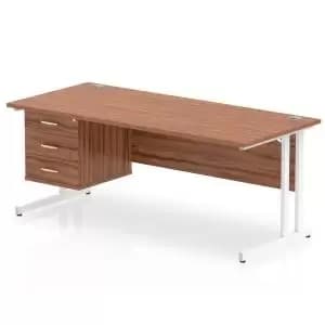 Impulse 1800 Rectangle White Cant Leg Desk WALNUT 1 x 3 Drawer Fixed