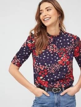 Oasis Floral Ruched Sleeve Tee - Blue , Multi Blue, Size 14, Women