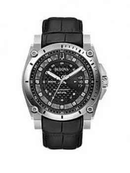 Bulova Precisionist Black And Silver Diamond Date Dial Black Leather Strap Mens Watch