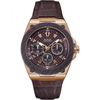 GUESS Gents rose gold watch with bronze trim & leather strap