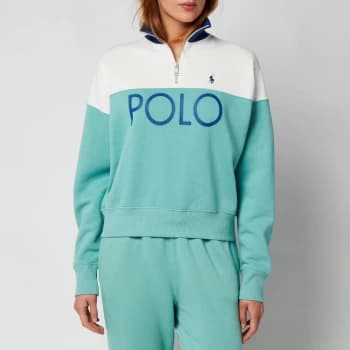Polo Ralph Lauren Womens Quarter Zip Sweatshirt - Deckwash White/Tiki Green - L