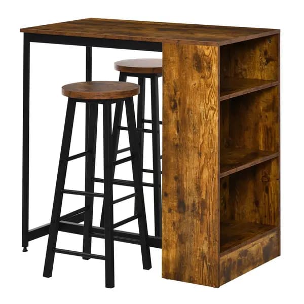 HOMCOM 3 Pieces Bar Table Set Pub Dining Table with Storage Shelf 2 Stools Walnut