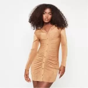 Missguided Petite Slinky Ruched Button Front Mini Dress - Brown