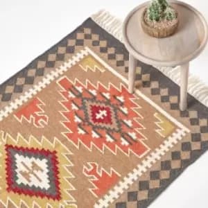 Jaipur Handwoven Brown and Orange Patterned Kilim Wool Rug, 120 x 170cm - Multi Colour - Homescapes