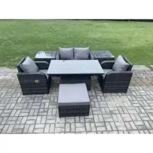 Fimous 3 Seater Outdoor Dark Grey Rattan Lounge Sofa Complete Set with Height Adjustable Table and Big FootStool