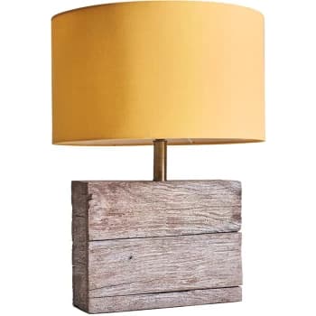 Natural Rustic Wood Table Lamp with Drum Lampshade - Mustard