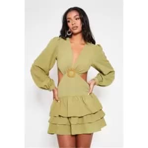 I Saw It First Olive Green Woven Cut Out Frill Skater Dress - Green