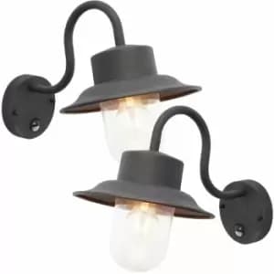 Loops - 2 pack IP44 Outdoor Wall Lamp Black Steel Fisherman pir Lantern Porch Curved