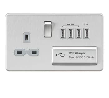 KnightsBridge Screwless 13A switched socket with quad USB charger (5.1A) - brushed chrome with grey insert