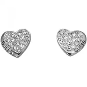 GUESS rhodium plated heart stud earrings with Swarovski crystal pave setting.