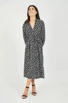 Black Ditsy Print Long Sleeve Shirt Midi Dress