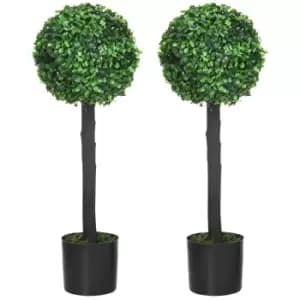 HOMCOM Set of 2 Artificial Plants Boxwood Ball Trees in Pot Fake Plants for Home Indoor Outdoor Decor, 20x20x60cm, Green