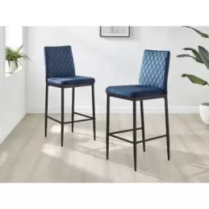 Set of 2 Furniturebox Milan Bar Stools In Navy Blue Velvet With Black Metal Legs Contemporary Hatched Diamond Pattern Stitching Dining Living