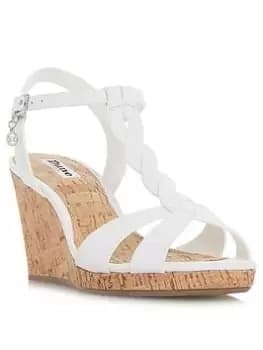 Dune London Wide Fit Koala Leather Plait T Bar Wedge Sandal - White, Size 36, Women