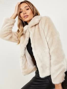 Quiz Stone Short Faux Fur Collar Jacket - 8 - natural