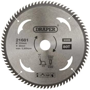 21681 TCT Circular Saw Blade for Wood 250 x 30mm 80T - Draper