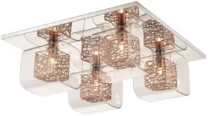Spring 4 Light Flush Ceiling Light Mesh Chrome, Copper and Glass, G9