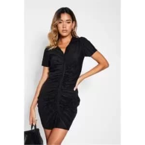I Saw It First Plisse Ruched Shirt Dress - Black