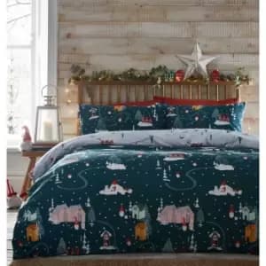 Christmas Gonks Village Duvet Cover Set Green Single Reversible - Green - Portfolio Home