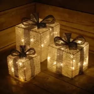 Set Of 3 White Lit Cotton Parcels, 60 Warm White LED's + Diamante Bow