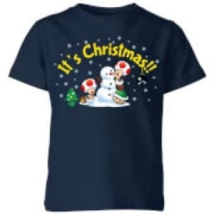 Nintendo Super Mario Toad Snowman Merry Christmas Kid's T-Shirt - Navy - 11-12 Years
