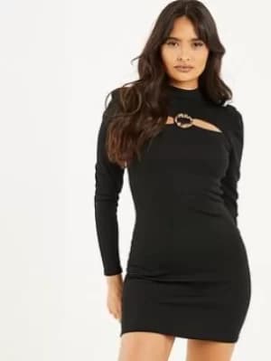 Quiz Ribbed Puff Sleeve Dress, Black, Size 8, Women