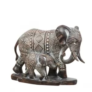 Patterned Ebony Finish Elephant Mother & Baby Ornament