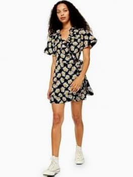 Topshop Petite Daisy Ruffle Wrap Mini Dress - Black