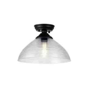 Dresden Flush Ceiling Lamp E27 With Round 33.5cm Prismatic Effect Glass Shade Matt Black, Clear