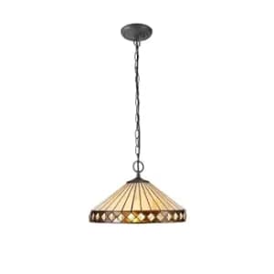 2 Light Downlighter Ceiling Pendant E27 With 40cm Tiffany Shade, Amber, Crystal, Aged Antique Brass