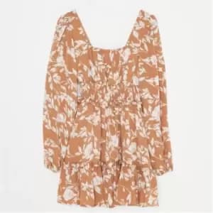 Missguided Petite Floral Print Frill Shirred Milkmaid Dress - Brown