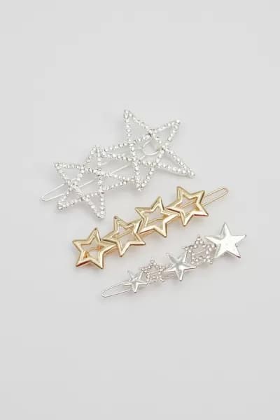 Two Tone Crystal And Polished Star Hair Slides - Pack of 3
