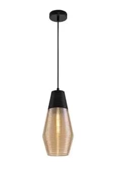 Single Cone Ceiling Pendant 1 Light E27, Black, Amber Glass
