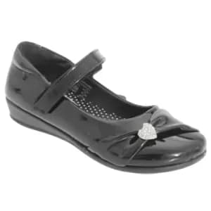 US Brass Girls Paige II Touch Fastening Bar Diamante Trim Shoes (1 UK) (Black Patent)