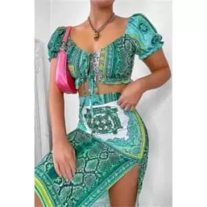 I Saw It First Green Scarf Print Front Split Midi Skirt - Green