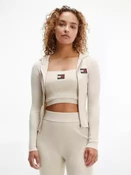 Tommy Jeans BADGE LOGO ZIP THROUGH JERSEY RIB CARDI - CREAM, Cream Size XS Women