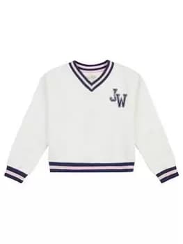 Jack Wills Girls JW Oversized V-Neck Varsity Sweat Top - Marshmallow, Cream, Size Age: 10-11 Years, Women