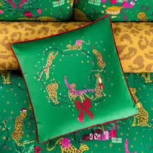 Purrfect Leaping Leopards Cushion Green/Gold, Green/Gold / 43 x 43cm / Polyester Filled