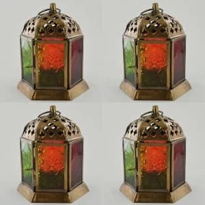 Brass Antique Colour Glass Morroccan Lanterns (Set of 4)