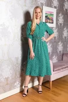 Green Ditsy Print Midi Dress With Gold Buckle Belt Detail